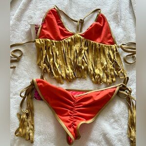 Doll Swimwear Corral and gold trim fringes scrunch butt two piece set